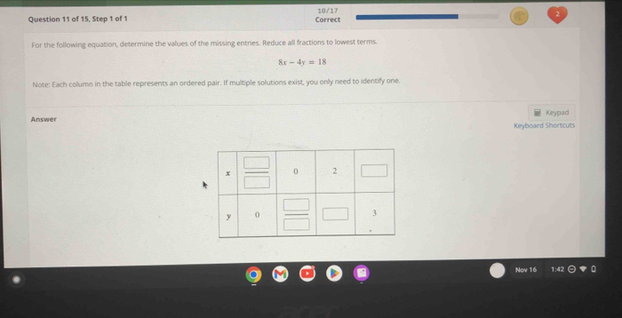 10/17
2
Question 11 of 15, Step 1 of 1 Correct
For the following equation, determine the values of the missing entries. Reduce all fractions to lowest terms
8x-4y=18
Note: Each column in the table represents an ordered pair. If multiple solutions exist, you only need to identify one.
Answer Keypad
Keyboard Shortcuts
Nov 16 - 2