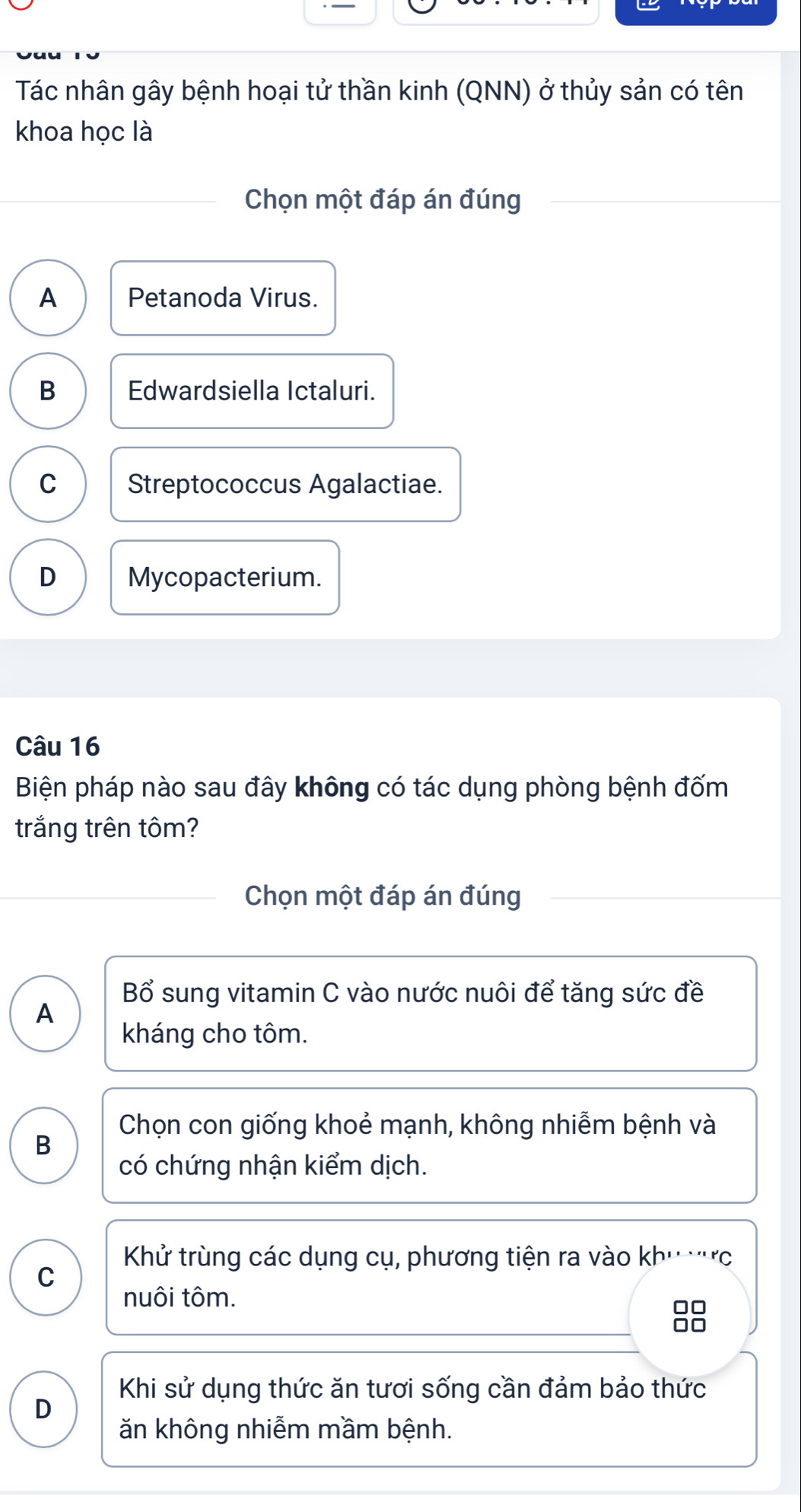 Tác nhân gây bệnh hoại tử thần kinh (QNN) ở thủy sản có tên
khoa học là
Chọn một đáp án đúng
A Petanoda Virus.
B Edwardsiella Ictaluri.
C Streptococcus Agalactiae.
D Mycopacterium.
Câu 16
Biện pháp nào sau đây không có tác dụng phòng bệnh đốm
trắng trên tôm?
Chọn một đáp án đúng
Bổ sung vitamin C vào nước nuôi để tăng sức đề
A
kháng cho tôm.
Chọn con giống khoẻ mạnh, không nhiễm bệnh và
B
có chứng nhận kiểm dịch.
Kử trùng các dụng cụ, phương tiện ra vào kh' rc
C
nuôi tôm.
□□
Khi sử dụng thức ăn tươi sống cần đảm bảo thức
D
ăn không nhiễm mầm bệnh.