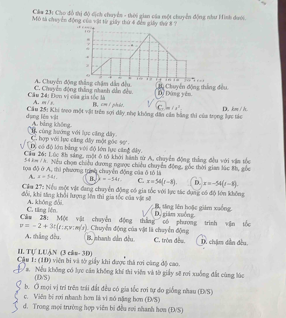 Cho đồ thị độ dịch chuyển - thời gian của một chuyển động như Hình đưới.
Mô tả chuyển động của vật từ giây thứ 4 đến giây thứ 8 ?
A. Chuyển động thẳng chậm dần đều. B. Chuyển động thắng đều
C. Chuyển động thắng nhanh dần đều. D Đứng yên.
Câu 24: Đơn vị của gia tốc là
A. m/ s. B. cm/ phút. C. m/s^2,
D. km/ h.
Câu 25: Khi treo một vật trên sợi dây nhẹ không dăn cân bằng thi của trọng lực tác
dụng lên vật
A. bằng không.
B. cùng hướng với lực căng dây.
C. hợp với lực căng dây một góc 90°.
D. có độ lớn bằng với độ lớn lực căng dây.
Cu 26: Lúc 8h sáng, một ô tô khởi hành từ A, chuyển động thẳng đều với vận tốc
54 km / h. Nếu chọn chiều dương ngược chiều chuyển động, gốc thời gian lúc 8h, gốc
tọa độ ở A, thì phương trình chuyển động của ô tô là
A. x=54t,
B. x=-54t. C. x=54(t-8). D. x=-54(t-8).
Câu 27: Nếu một vật đang chuyển động có gia tốc với lực tác dụng có độ lớn không
đổi, khi tăng khối lượng lên thì gia tốc của vật sẽ
A. không đổi. B. tăng lên hoặc giảm xuống.
C. tăng lên. D. giảm xuống.
Câu 28: Một vật chuyển động thẳng có phương trình vận tốc
v=-2+3t(t:s;v:m/s). Chuyển động của vật là chuyển động
A. thắng đều. B. nhanh dần đều. C. tròn đều. D. chậm dần đều.
II. Tự LUẬN (3 câu- 3Đ)
Câu 1: (1Đ) viện bi và tờ giấy khi được thả rơi cùng độ cao.
a. Nếu không có lực cản không khí thì viên và tờ giấy sẽ rơi xuống đất cùng lúc
(Đ/S)
b. Ở mọi vị trí trên trái đất đều có gia tốc rơi tự do giống nhau (Đ/S)
c. Viên bi rơi nhanh hơn là vì nó nặng hơn (Đ/S)
d. Trong mọi trường hợp viên bi đều rơi nhanh hơn (Đ/S)