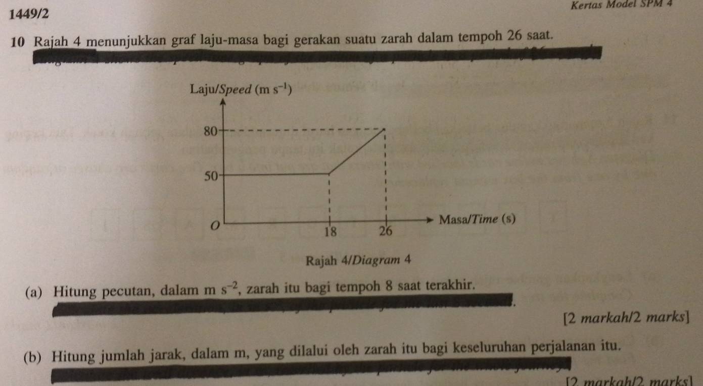 1449/2 Kertas Model SPM 4 
10 Rajah 4 menunjukkan graf laju-masa bagi gerakan suatu zarah dalam tempoh 26 saat. 
Laju/Speed (ms^(-1))
Rajah 4/Diagram 4 
(a) Hitung pecutan, dalam m s^(-2) , zarah itu bagi tempoh 8 saat terakhir. 
[2 markah/2 marks] 
(b) Hitung jumlah jarak, dalam m, yang dilalui oleh zarah itu bagi keseluruhan perjalanan itu. 
[2 markah/2 marks]