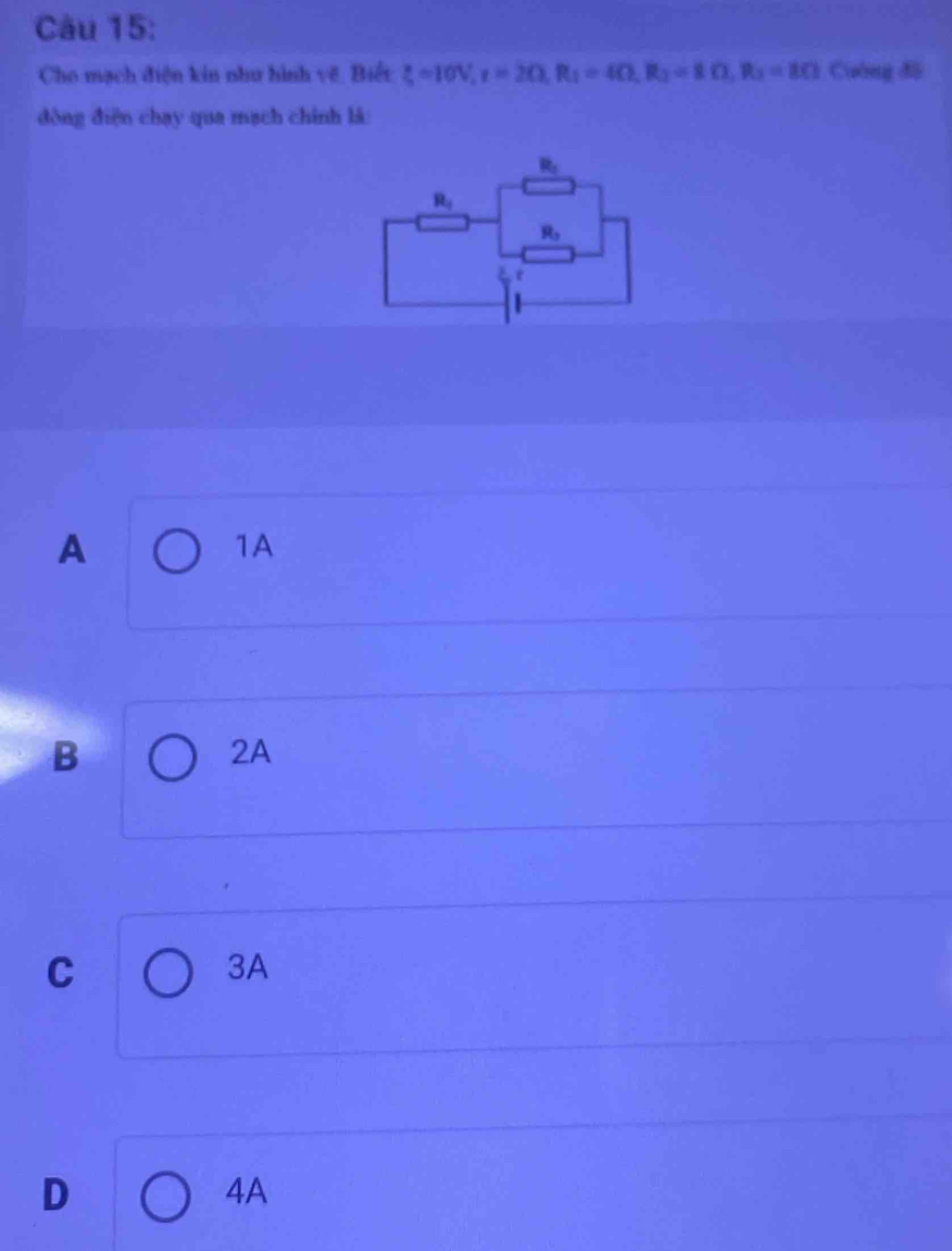 Cho mạch điện kin như hình vệ, Biết xi =10V,x=20,R_1=40,R_2=8Omega ,R_2=8Omega Cuông đã
dòng điện chạy qua mạch chính là
A
1A
B
2A
C
3A
D
4A