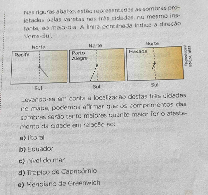 Nas figuras abaixo, estão representadas as sombras pro-
jetadas pelas varetas nas três cidades, no mesmo ins-
tante, ao meio-dia. A linha pontilhada indica a direção
Norte-Sul.
Norte
Recife 
Sul
Levando-se em conta a localização destas três cidades
no mapa, podemos afirmar que os comprimentos das
sombras serão tanto maiores quanto maior for o afasta-
mento da cidade em relação ao:
a) litoral
b) Equador
c) nível do mar
d) Trópico de Capricórnio
e) Meridiano de Greenwich.