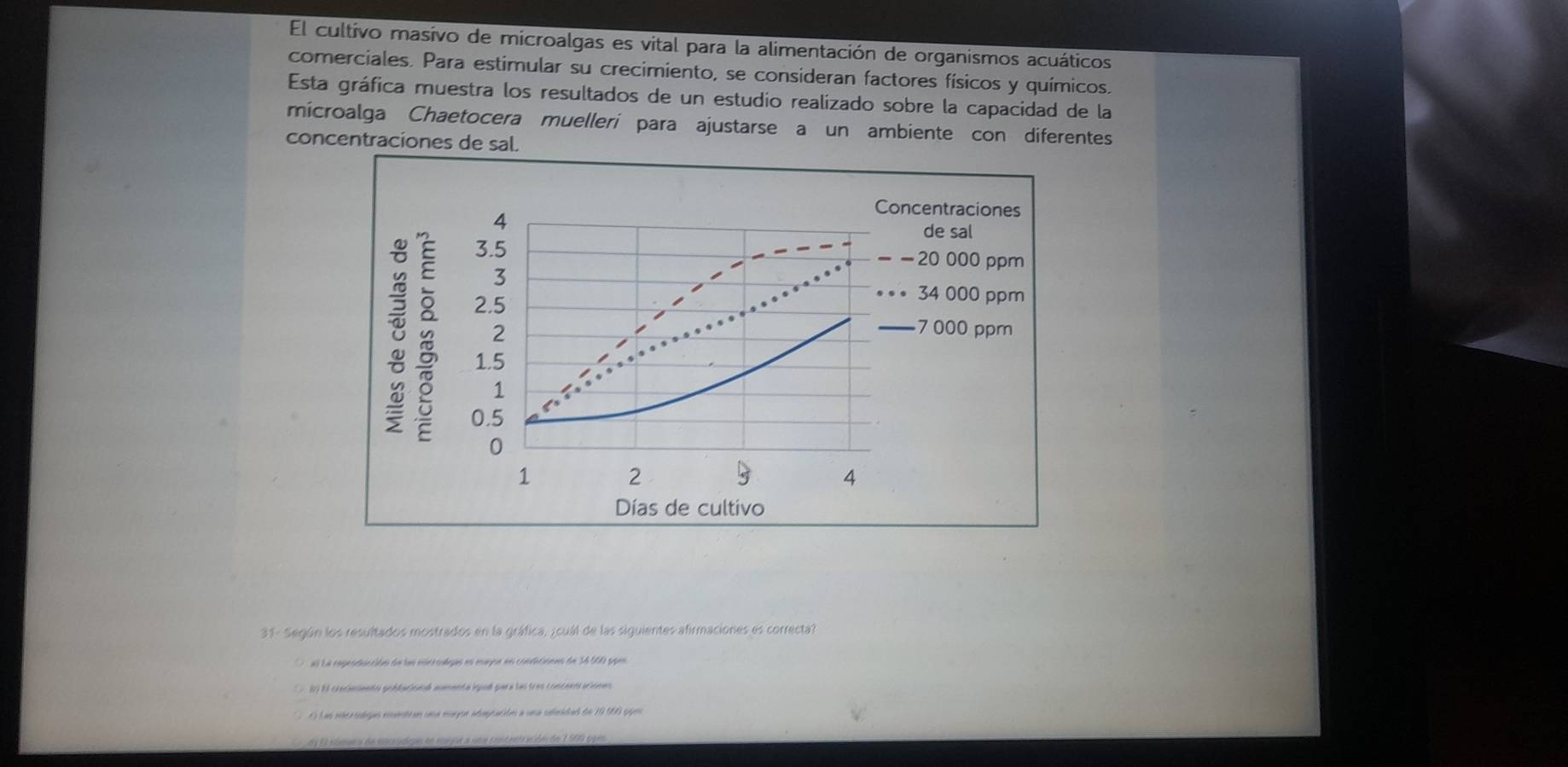 El cultivo masivo de microalgas es vital para la alimentación de organismos acuáticos
comerciales. Para estimular su crecimiento, se consideran factores físicos y químicos.
Esta gráfica muestra los resultados de un estudio realizado sobre la capacidad de la
microalga Chaetocera muellerí para ajustarse a un ambiente con diferentes
concentraciones de sal.
31- Según los resultados mostrados en la gráfica, ¿cuál de las siguientes afirmaciones es correcta?
a) La coprsdescción den los escerdagas es enugr no condiciónes de 3400 spen.
(1) 1l crocimento gobtacicnal aummeta ipod para las tres conceeo acicnes
G Las seridgan eentran una euor adagración a una seleidad de 19 160 poe