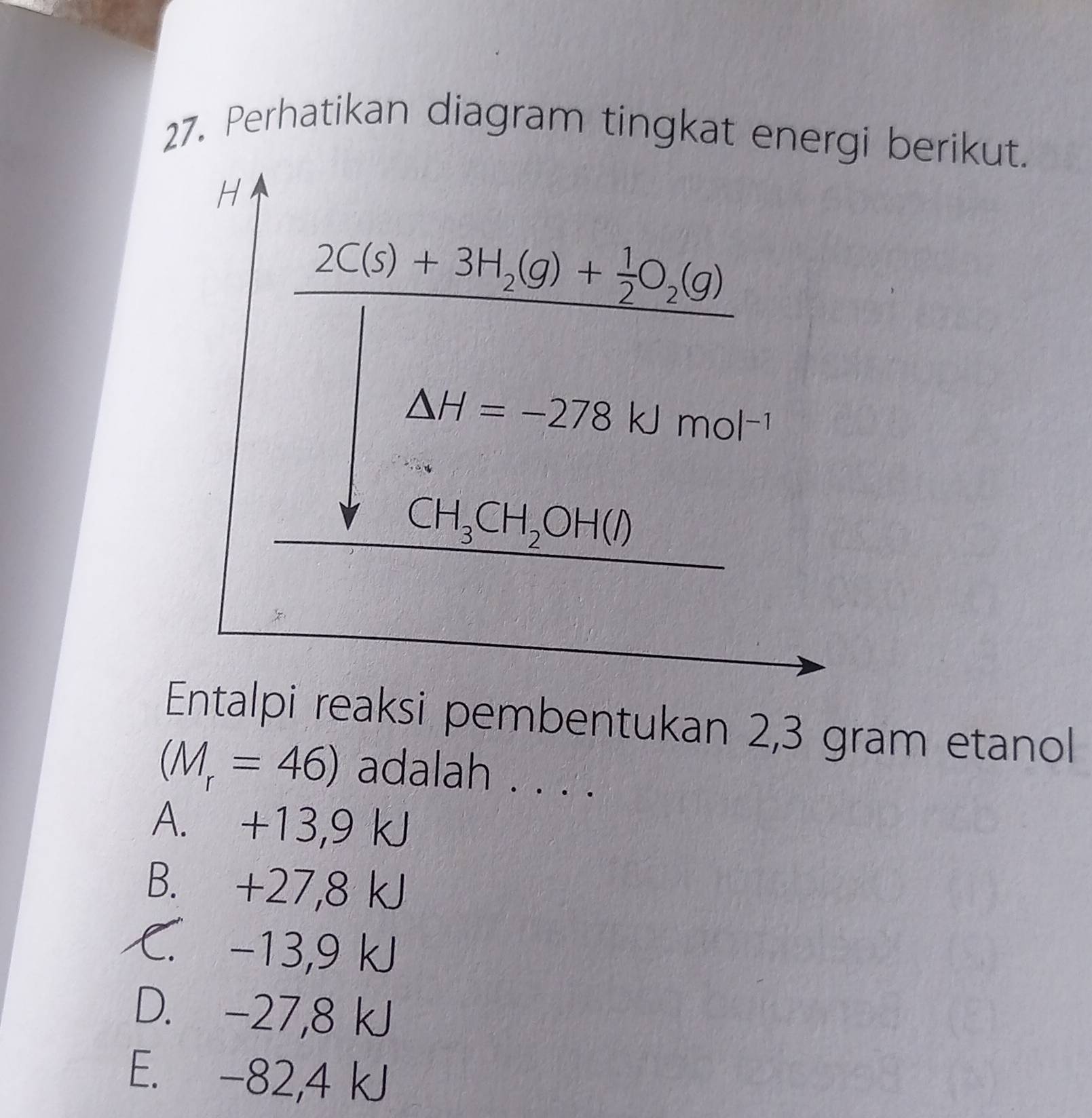 Perhatikan diagram tingkat energi berikut.
Entalpi reaksi pembentukan 2,3 gram etanol
(M_r=46) adalah . . . .
A. +13,9 kJ
B. +27,8 kJ
C. -13,9 kJ
D. -27,8 kJ
E. -82,4 kJ