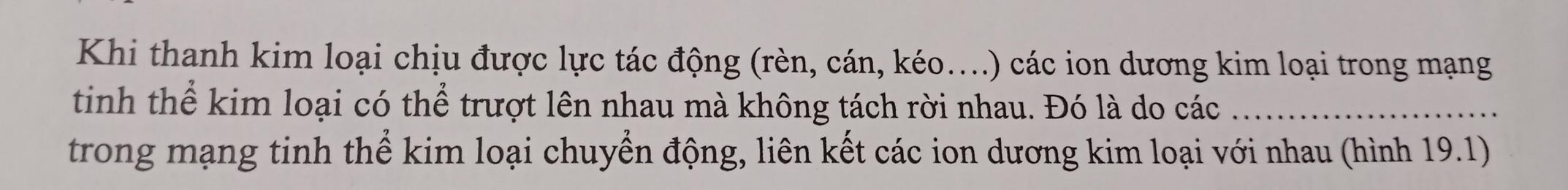 Khi thanh kim loại chịu được lực tác động (rèn, cán, kéo....) các ion dương kim loại trong mạng 
tinh thể kim loại có thể trượt lên nhau mà không tách rời nhau. Đó là do các_ 
trong mạng tinh thể kim loại chuyển động, liên kết các ion dương kim loại với nhau (hình 19.1)