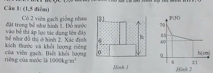 (1,5 điểm)
Có 2 viên gạch giống nhau 31 
đặt trong bề như hình 1. Đổ nước 
vào bề thì áp lực tác dụng lên đáy 
h
bề như đồ thị ở hình 2. Xác định 6 
kích thước và khối lượng riêng
của viên gạch. Biết khổi lượng 0 
riêng của nước là 1000kg/m^3
Hình 1 Hình 2