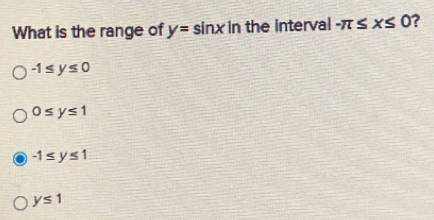 What is the range of y=sin x in the interval -π ≤ x≤ 0 ?
-1≤ y≤ 0
0≤ y≤ 1
-1≤ y≤ 1
y≤ 1