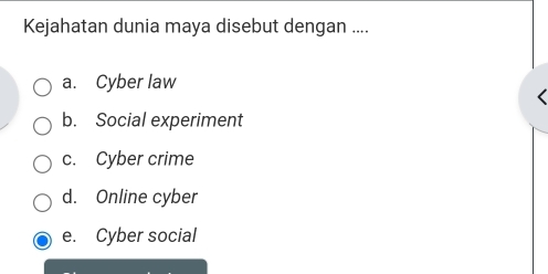 Kejahatan dunia maya disebut dengan ....
a. Cyber law
b. Social experiment
c. Cyber crime
d. Online cyber
e. Cyber social