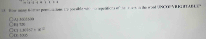 -4 ·3 -2 -1 0 1 2 3 4
15. How many 6 -letter permutations are possible with no repetitions of the letters in the word UNCOPYRIGHTABLE?
A) 3603600
B) 720
C) 1.30767* 10^(12)
D) 5005