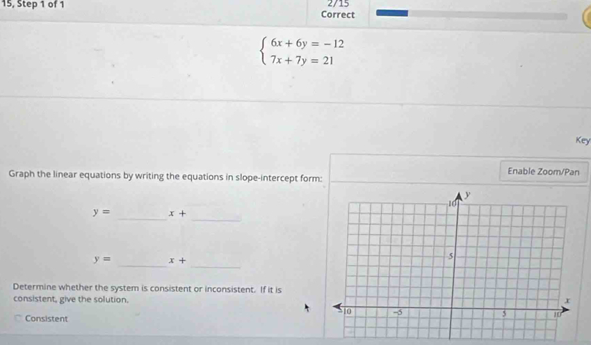 15, Step 1 of 1 Correct 2/15
beginarrayl 6x+6y=-12 7x+7y=21endarray.
Key 
Enable Zoom/Pan 
Graph the linear equations by writing the equations in slope-intercept form: 
__
y= x+
_
y= _ x+
Determine whether the system is consistent or inconsistent. If it is 
consistent, give the solution. 
Consistent