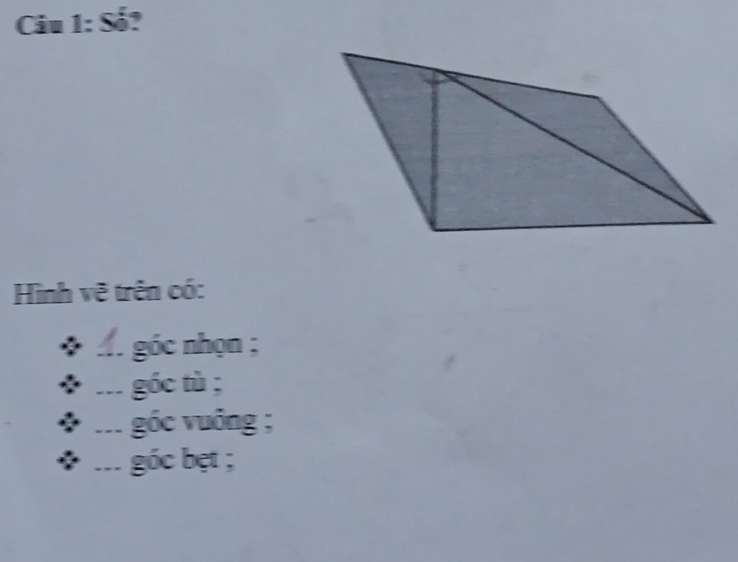 Số? 
Hình vẽ trên có: 
* M. góc nhọn ; 
: ... gốc tù; 
* ... góc vuông ; 
* ... góc bẹt ;