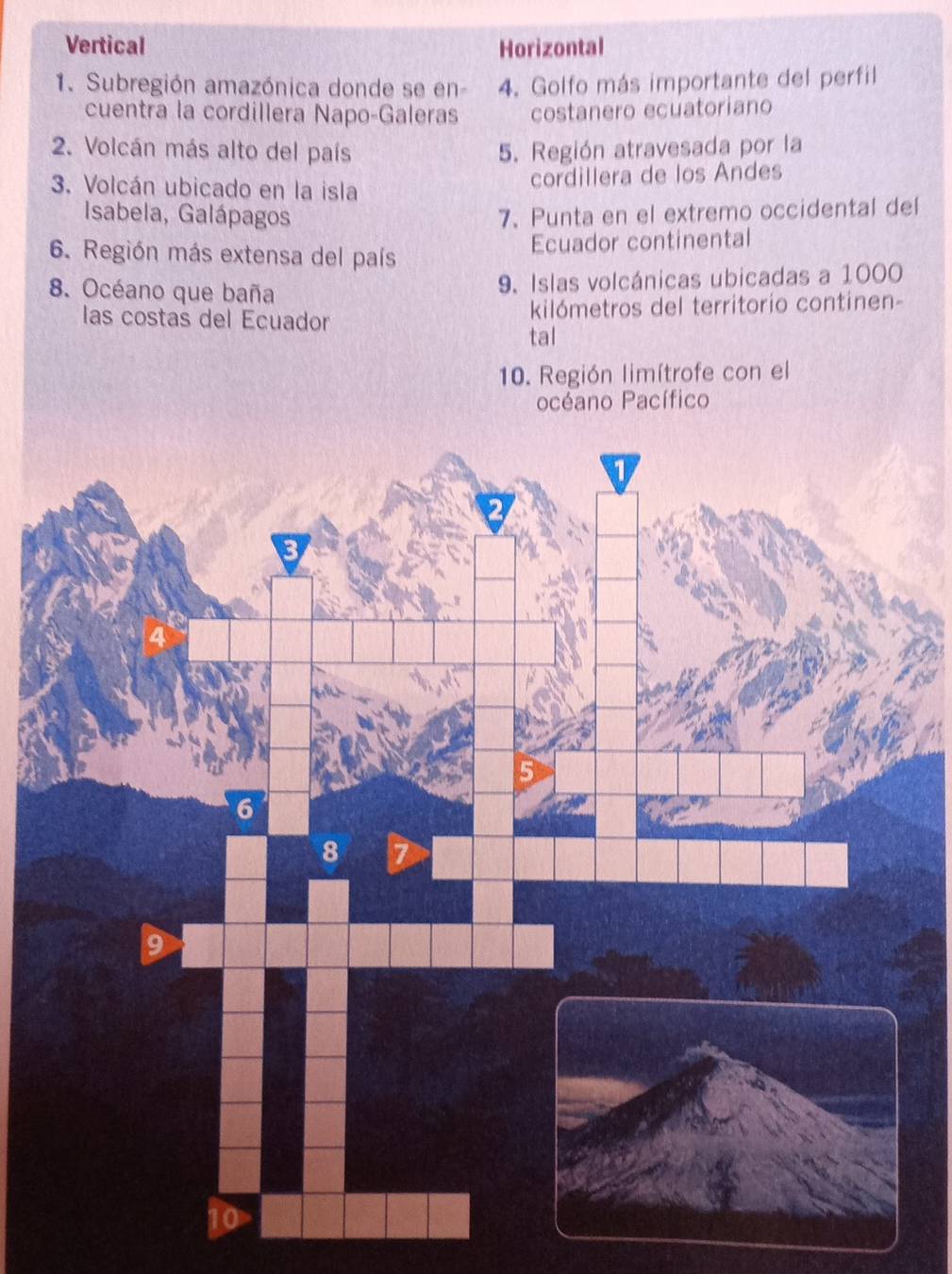 Vertical Horizontal 
1. Subregión amazónica donde se en- 4. Golfo más importante del perfil 
cuentra la cordillera Napo-Galeras costanero ecuatoriano 
2. Volcán más alto del país 5. Región atravesada por la 
3. Volcán ubicado en la isla 
cordillera de los Andes 
Isabela, Galápagos 7、 Punta en el extremo occidental del 
6. Región más extensa del país 
Ecuador continental 
8. Océano que baña 
9. Islas volcánicas ubicadas a 1000
las costas del Ecuador kilómetros del territorio continen- 
tal 
10. Región limítrofe con el 
océano Pacífico