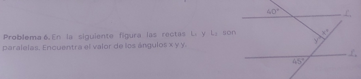 Problema 6. En la siguiente figura las rectas L_1 y L_2 son
paralelas. Encuentra el valor de los ángulos x y y.