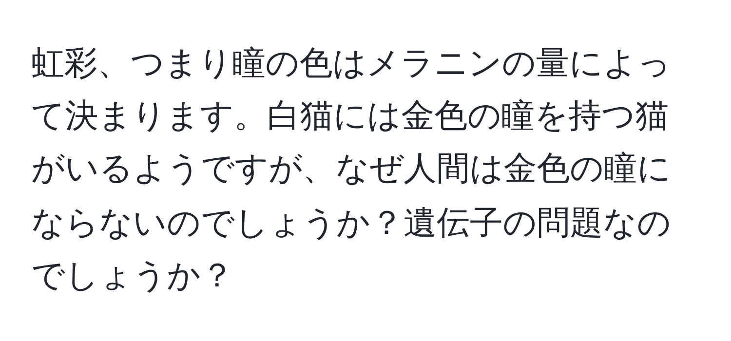 虹彩、つまり瞳の色はメラニンの量によって決まります。白猫には金色の瞳を持つ猫がいるようですが、なぜ人間は金色の瞳にならないのでしょうか？遺伝子の問題なのでしょうか？