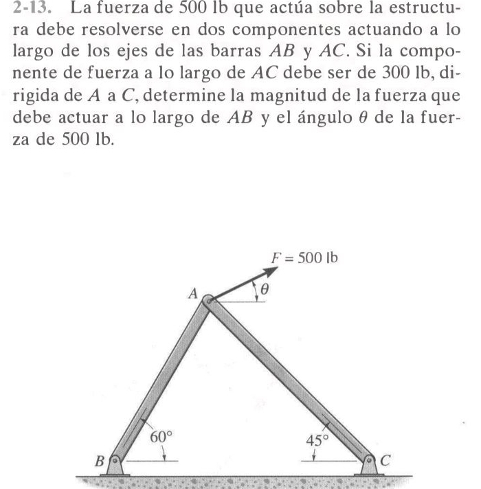 2-13. La fuerza de 500 lb que actúa sobre la estructu-
ra debe resolverse en dos componentes actuando a lo
largo de los ejes de las barras AB y AC. Si la compo-
nente de fuerza a lo largo de AC debe ser de 300 lb, di-
rigida de A a C, determine la magnitud de la fuerza que
debe actuar a lo largo de AB y el ánguloθ de la fuer-
za de 500 lb.
F=500lb
A θ
60°
45°
B a
C