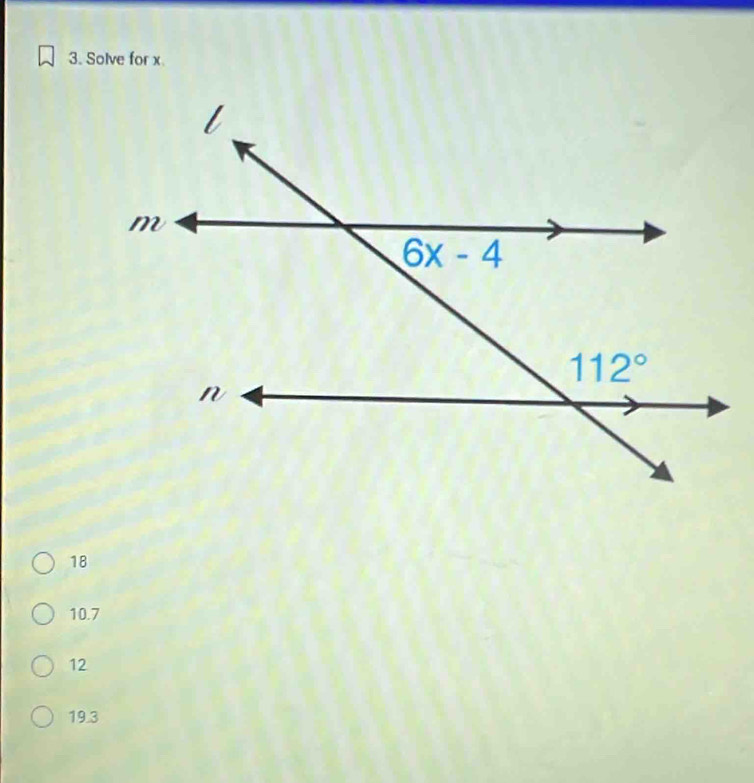 Solve for x
18
10.7
12
19.3