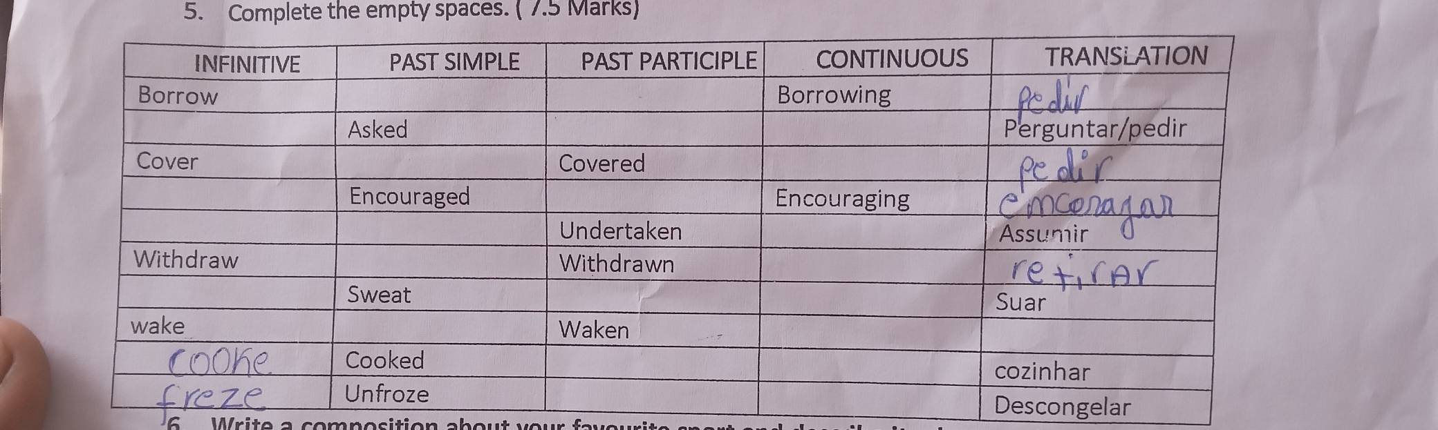 Complete the empty spaces. ( 7.5 Marks)