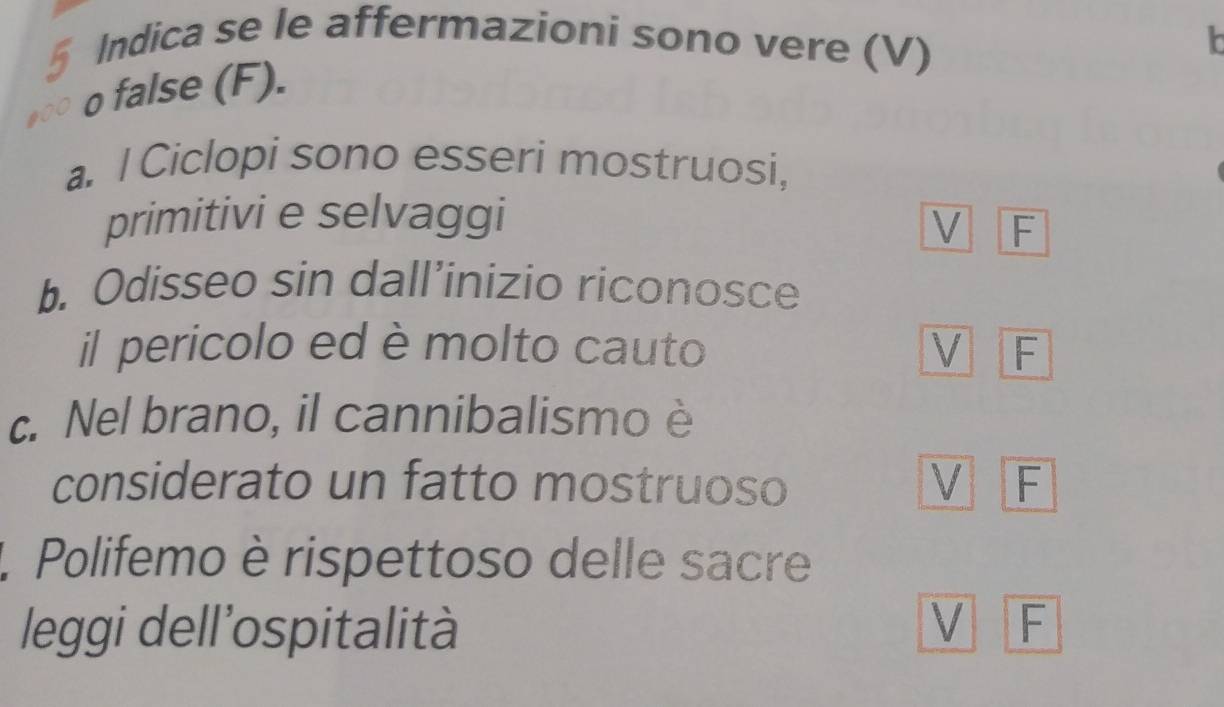 Indica se le affermazioni sono vere (V)
o false (F).
a. I Ciclopi sono esseri mostruosi,
primitivi e selvaggi V F
b. Odisseo sin dall’inizio riconosce
il pericolo ed è molto cauto V F
c. Nel brano, il cannibalismo è
considerato un fatto mostruoso V F
1, Polifemo è rispettoso delle sacre
leggi dell’ospitalità V F