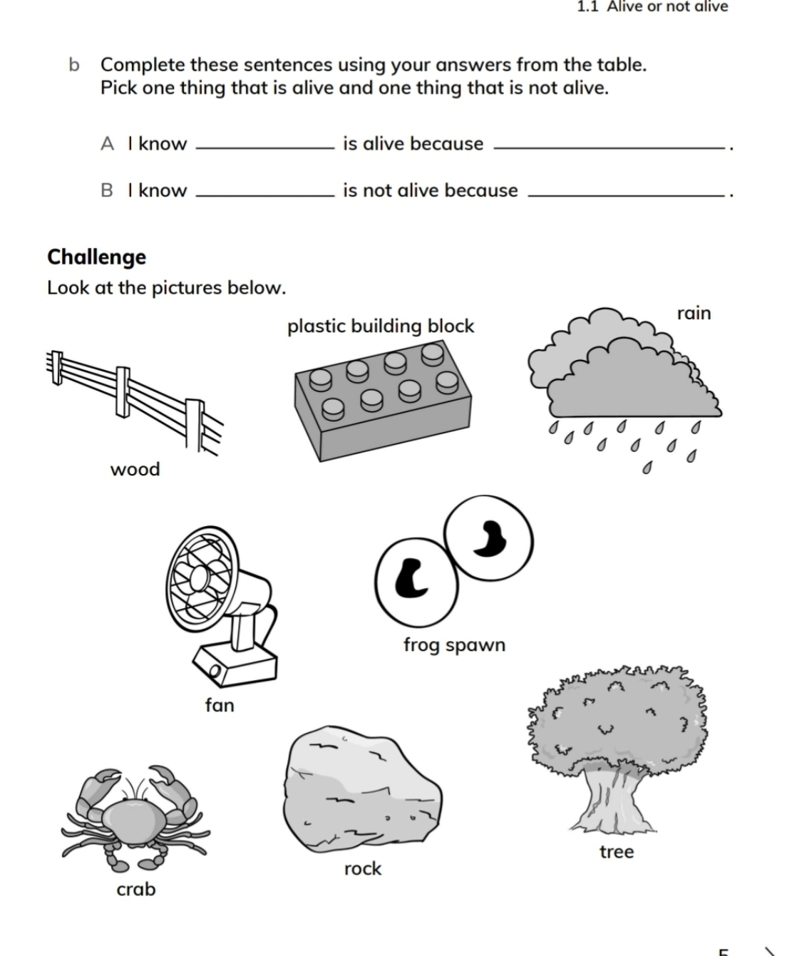 1.1 Alive or not alive
b Complete these sentences using your answers from the table.
Pick one thing that is alive and one thing that is not alive.
A I know _is alive because _.
B l know _is not alive because_
.
Challenge
Look at the pictures below.
frog spawn
fan

tree
rock
crab