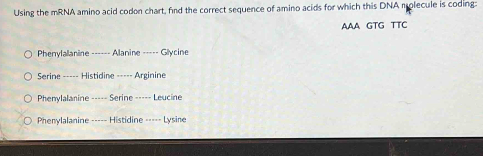 Using the mRNA amino acid codon chart, find the correct sequence of amino acids for which this DNA molecule is coding:
AAA GTG TTC
Phenylalanine ------ Alanine ----- Glycine
Serine ----- Histidine ----- Arginine
Phenylalanine ----- Serine ----- Leucine
Phenylalanine ----- Histidine ----- Lysine