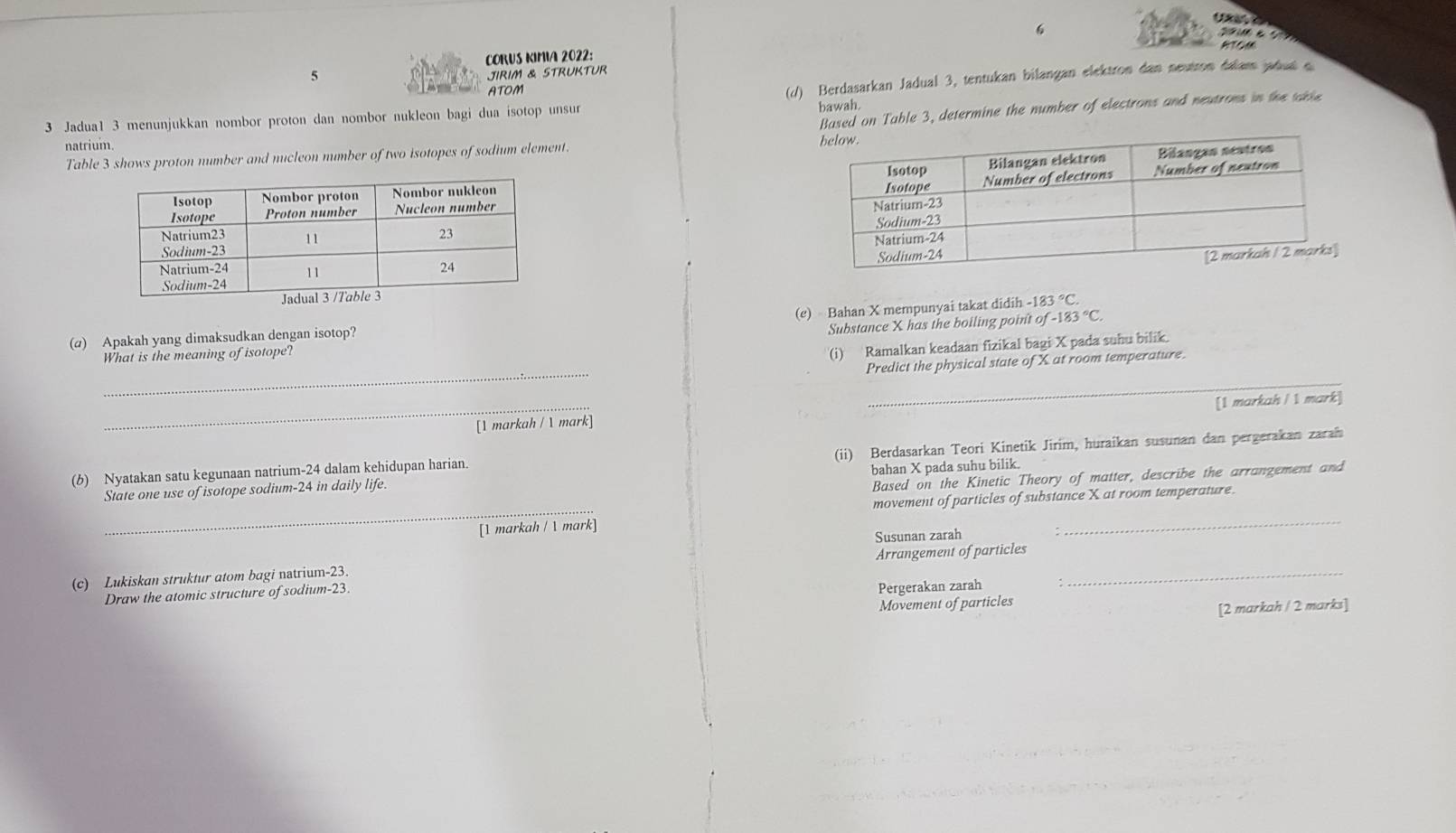 Uxa a 
6 
e 
RTOM 
CORUS KIMIA 2022: 
5 
JIRIM & STRUKTUR 
ATOM 
(/) Berdasarkan Jadual 3, tentukan bilangan elektron dan neutron dalam jadual o 
3 Jadua1 3 menunjukkan nombor proton dan nombor nukleon bagi dua isotop unsur 
bawah. 
Table 3 shows proton number and nucleon number of two isotopes of sodium element. Based on Table 3, determine the number of electrons and neutrons in the tb 
natrium. 



(a) Apakah yang dimaksudkan dengan isotop? (e) Bahan X mempunyai takat didih -183°C. 
What is the meaning of isotope? Substance X has the boiling point of-183°C. 
(i) Ramalkan keadaan fizikal bagi X pada suhu bilik. 
_ 
_ 
Predict the physical state of X at room temperature. 
_[1 markah / 1 mark] [1 markah /  mark] 
(6) Nyatakan satu kegunaan natrium-24 dalam kehidupan harian. (ii) Berdasarkan Teori Kinetik Jirim, huraikan susunan dan pergerakan zarah 
Based on the Kinetic Theory of matter, describe the arrangement and 
State one use of isotope sodium- 24 in daily life. bahan X pada suhu bilik. 
_ 
movement of particles of substance X at room temperature. 
[1 markah / 1 mark] 
Susunan zarah 
_ 
Arrangement of particles 
(c) Lukiskan struktur atom bagi natrium -23. 
Draw the atomic structure of sodium- 23
Pergerakan zarah 
_ 
Movement of particles 
[2 markah / 2 marks]