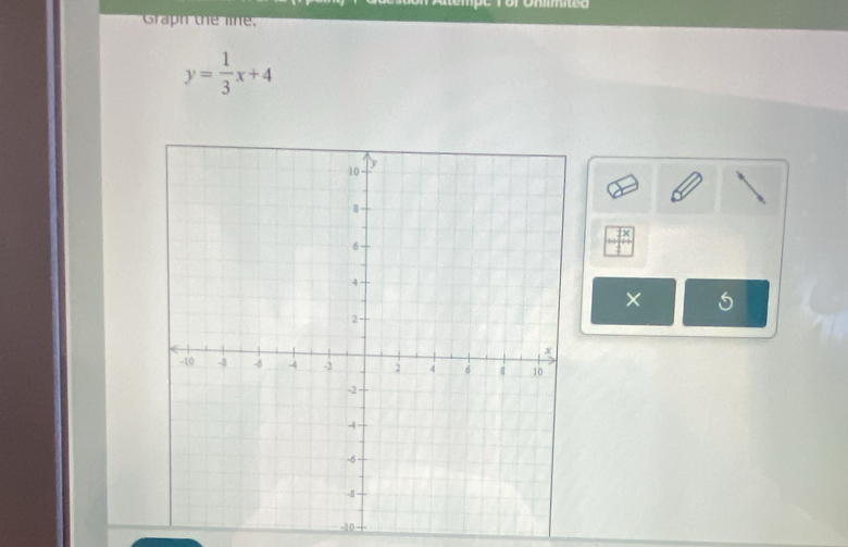 Unmited 
Graph the line,
y= 1/3 x+4
×
-10