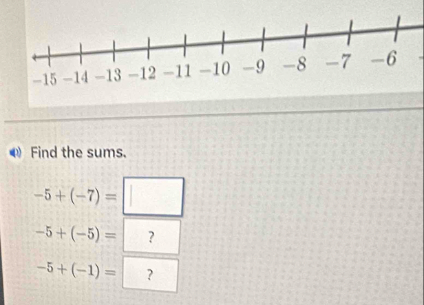 Find the sums.
-5+(-7)= □
-5+(-5)= ?
-5+(-1)= ?