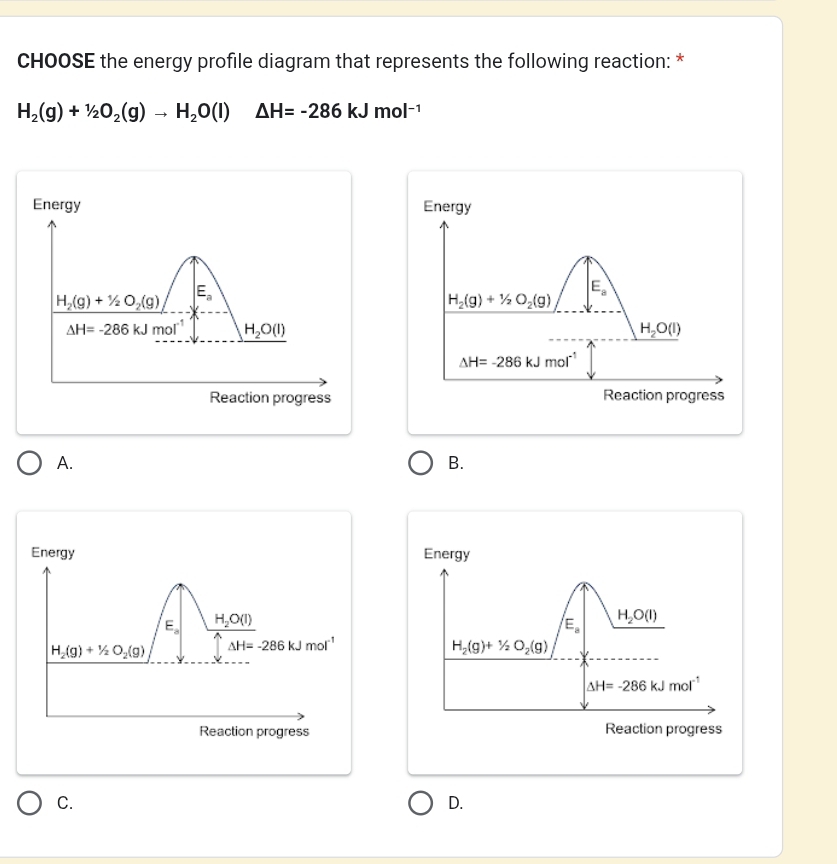 CHOOSE the energy profile diagram that represents the following reaction: *
H_2(g)+1/2O_2(g)to H_2O(l) △ H=-286kJmol^(-1)
Energy Energy
H_2(g)+1/2O_2(g) E_a
E_a
H_2(g)+1/2O_2(g)
Delta H=-286kJmol^(-1) H_2O(l)
H_2O(l)
△ H=-286kJmol^(-1)
Reaction progress Reaction progress
A.
B.
Energy Energy
E_a H_2O(l)
E_a H_2O(l)
H_2(g)+1/2O_2(g) △ H=-286kJmol^(-1)
H_2(g)+1/2O_2(g)
△ H=-286kJmol^(-1)
Reaction progress Reaction progress
C.
D.