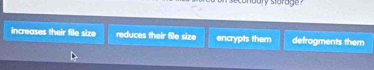 condary storage
increases their file size reduces their file size encrypts them defragments them