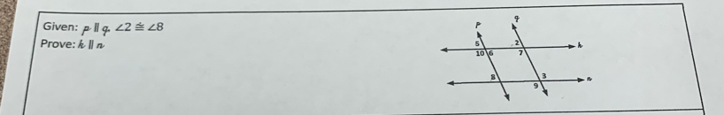Given: pparallel q∠ 2≌ ∠ 8
Prove: k||n