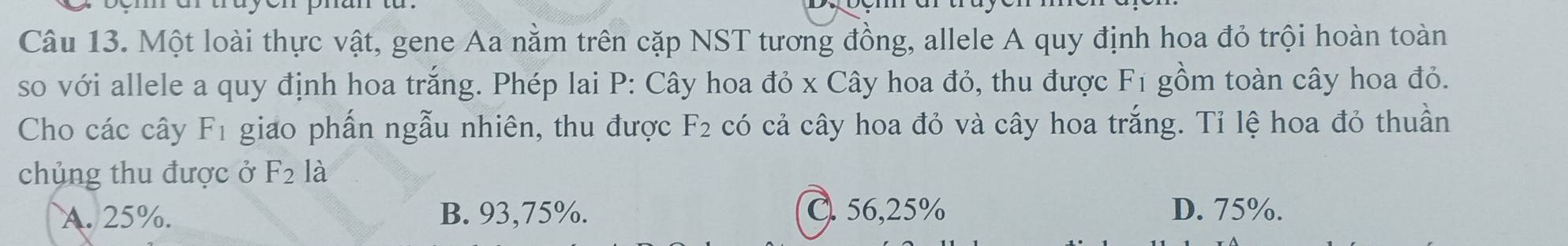 Một loài thực vật, gene Aa nằm trên cặp NST tương đồng, allele A quy định hoa đỏ trội hoàn toàn
so với allele a quy định hoa trắng. Phép lai P: Cây hoa đỏ x Cây hoa đỏ, thu được Fí gồm toàn cây hoa đỏ.
Cho các cây F_1 giao phấn ngẫu nhiên, thu được F_2 có cả cây hoa đỏ và cây hoa trắng. Tỉ lệ hoa đỏ thuần
chủng thu được ở F_2 là
A. 25%. B. 93,75%. C. 56,25% D. 75%.