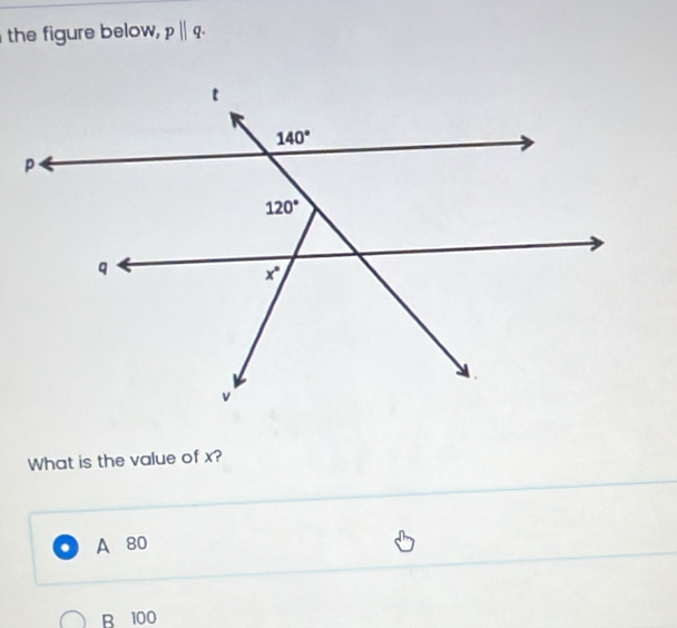 the figure below, p||q.
What is the value of x?
. A 80
B 100