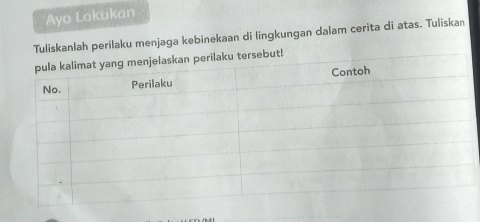 Ayo Lakukan 
Tuliskanlah perilaku menjaga kebinekaan di lingkungan dalam cerita di atas. Tuliskan