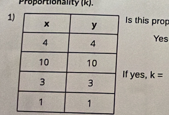 Proportionality (k). 
1 
Is this prop 
Yes 
f yes, k=