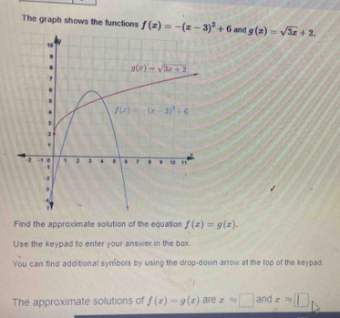 The graph shows the functions f(x)=-(x-3)^2+6 and g(x)=sqrt(3x)+2.
Find the approximate solution of the equation f(x)=g(x).
Use the keypad to enter your answer in the box.
You can find additional symbols by using the drop-down arrow at the top of the keypad
The approximate solutions of f(x)=g(x)a re xapprox □ and zapprox □