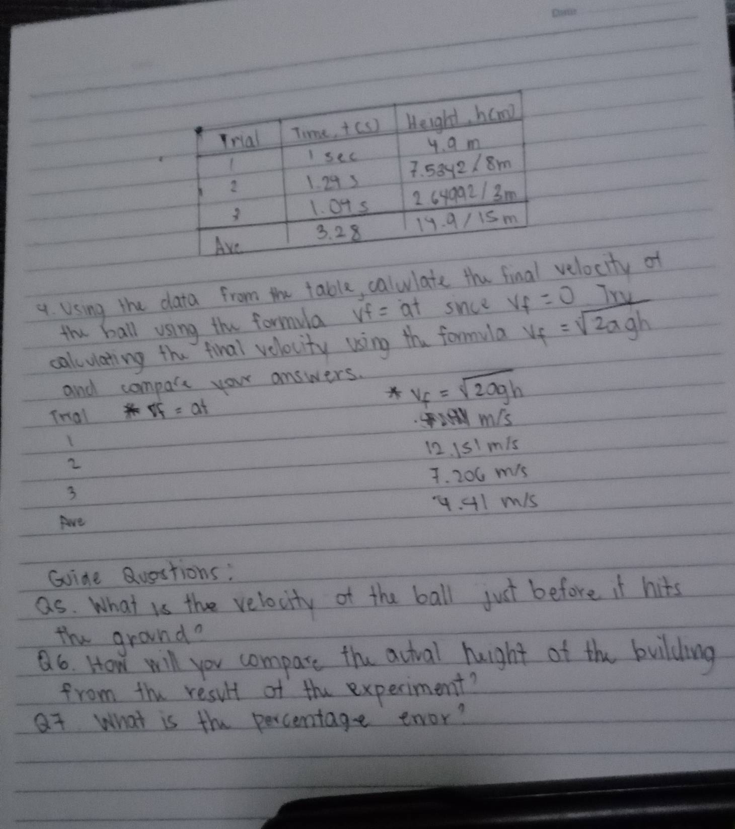 Using the dlata from the table, calwlate velocity of 
the ball using the formula vf= at since vf=0 1n
callwlating the final velocity using the formila v_f=sqrt(2agh)
and compare your answers. 
Tnal
vf=at
v_f=sqrt(2agh)
mis
12. 1s/ mis
2
7. 20C mis 
3 
4. A1 m/s
Are 
Gide Questions: 
as. What is the velocity of the ball just before it hits 
the grand? 
a6. How will you compare the acthal huight of the building 
from thu result of the experiment? 
at What is the percentage enor?