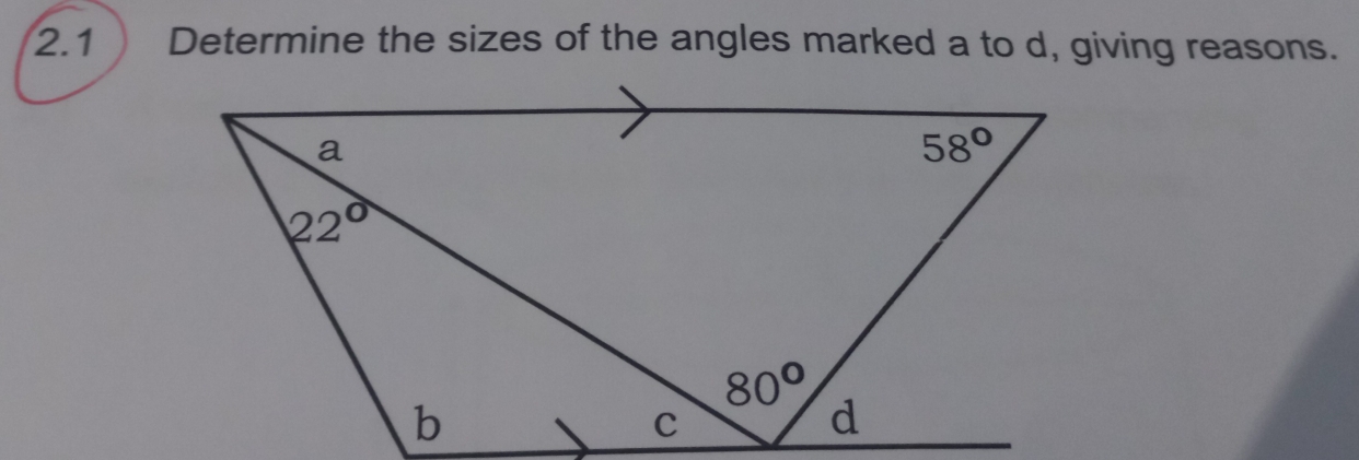 2.1 Determine the sizes of the angles marked a to d, giving reasons.