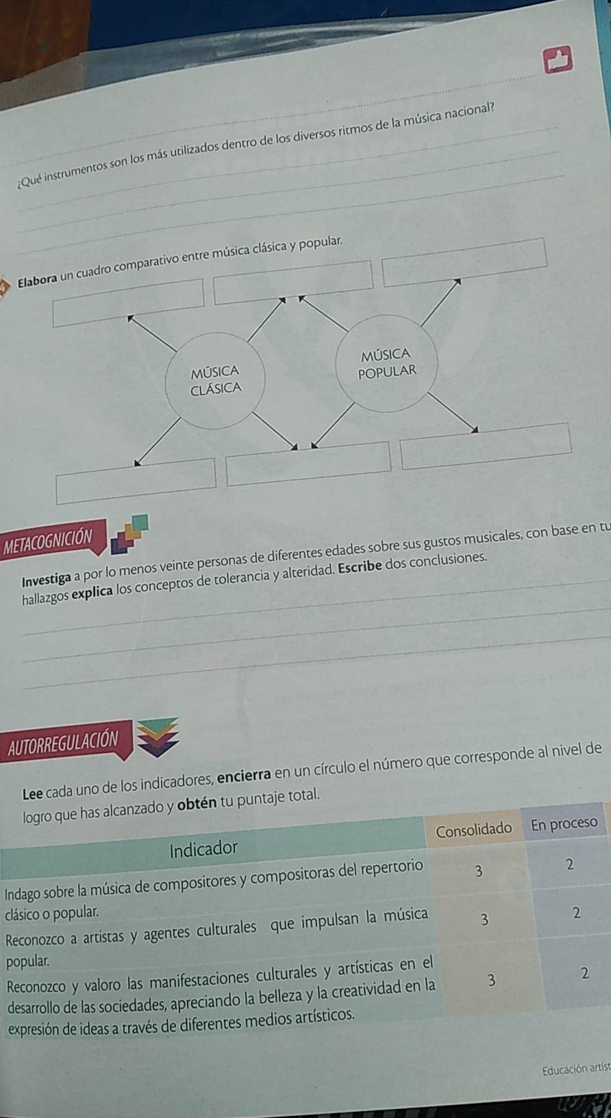 ¿Qué instrumentos son los más utilizados dentro de los diversos ritmos de la música nacional?
Elabora un cuadro comparativo entre música clásica y popular.
MúsICA Música
CLÁSICA POPULAR
METACOGNICIÓN
Investiga a por lo menos veinte personas de diferentes edades sobre sus gustos musicales, con base en tu
_
_hallazgos explica los conceptos de tolerancia y alteridad. Escribe dos conclusiones.
_
AUTORREGULACIÓN
cada uno de los indicadores, encierra en un círculo el número que corresponde al nivel de
I
cl
R
p
R
d
e
Educación artist