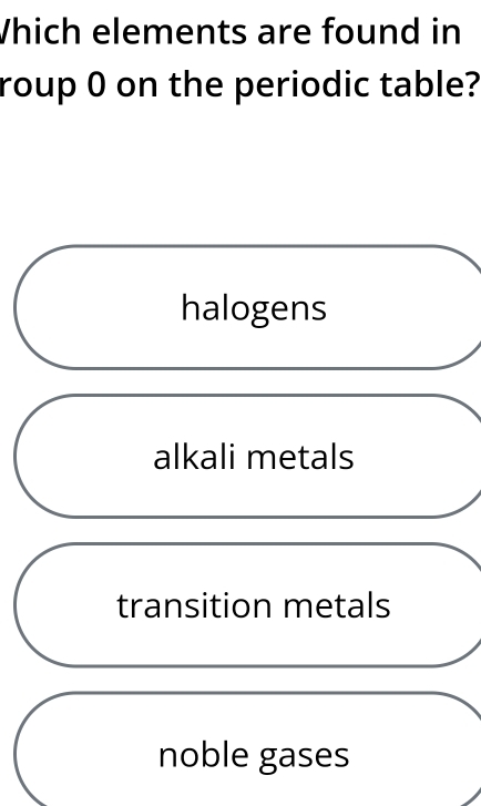 Which elements are found in
roup 0 on the periodic table?
halogens
alkali metals
transition metals
noble gases