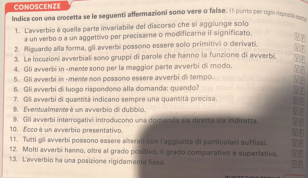 CONOSCENZE
Indica con una crocetta se le seguenti affermazioni sono vere o false. (1 punto per ogni risposta esatta
1. Lavverbio è quella parte invariabile del discorso che si aggiunge solo
a un verbo o a un aggettivo per precisarne o modificarne il significato.
V
2. Riguardo alla forma, gli avverbi possono essere solo primitivi o derivati.
VIF
3. Le locuzioni avverbiali sono gruppi di parole che hanno la funzione di avverbi. VF
4. Gli avverbi in -mente sono per la maggior parte avverbi di modo.
VF
5. Gli avverbi in -mente non possono essere avverbi di tempo.
V F
6. Gli avverbi di luogo rispondono alla domanda: quando?
VF
7. Gli avverbi di quantità indicano sempre una quantità precisa.
VP
8. Eventualmente è un avverbio di dubbio.
V P
9. Gli avverbi interrogativi introducono una domanda sia diretta sia indiretta.
V F
10. Ecco è un avverbio presentativo.
V F
11. Tutti gli avverbi possono essere alterati con l’aggiunta di particolari suffissi. VA
12. Molti avverbi hanno, oltre al grado positivo, il grado comparativo e superlativo. V F
13. Lavverbio ha una posizione rigidamente fissa.
: