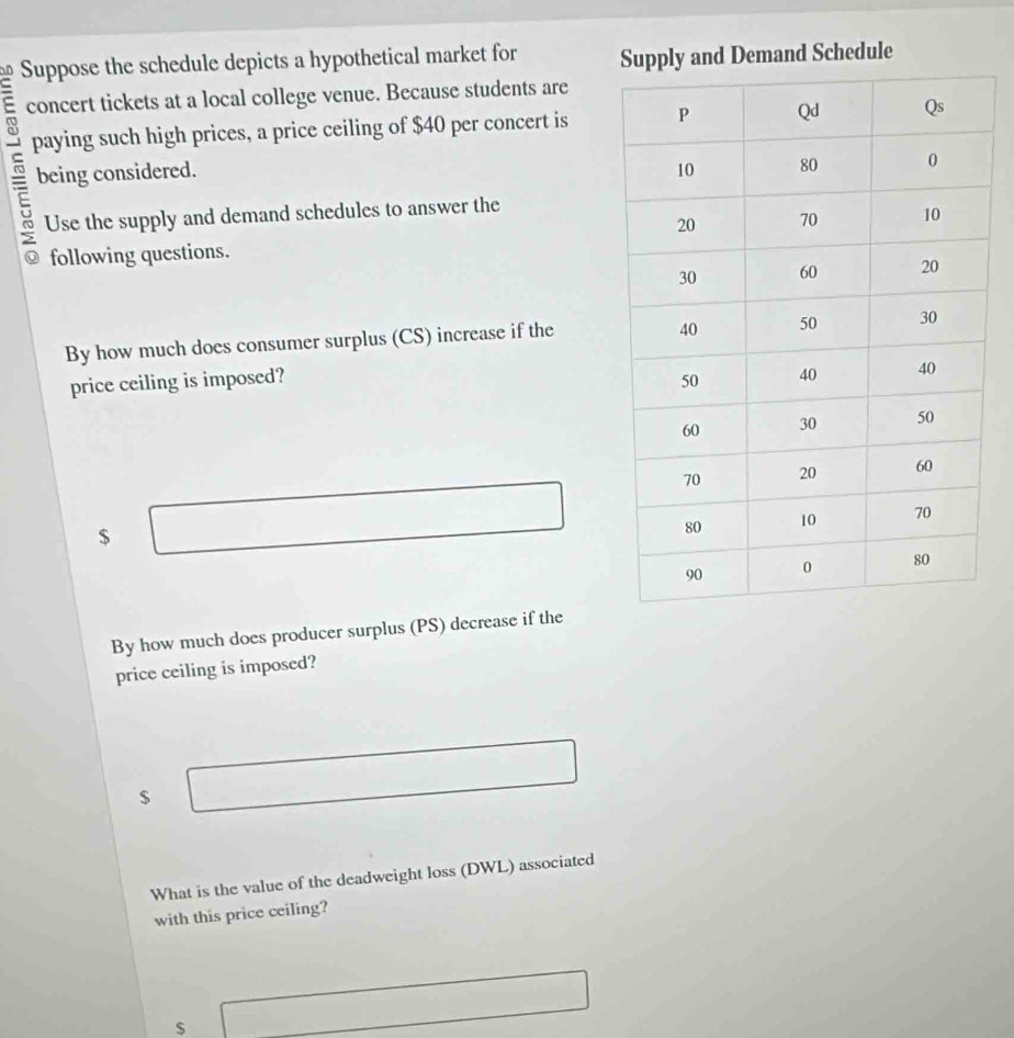 Suppose the schedule depicts a hypothetical market for mand Schedule 
concert tickets at a local college venue. Because students are 
paying such high prices, a price ceiling of $40 per concert is 
being considered. 
Use the supply and demand schedules to answer the 
following questions. 
By how much does consumer surplus (CS) increase if the 
price ceiling is imposed?
$ □
By how much does producer surplus (PS) decrease if the 
price ceiling is imposed?
$ □
What is the value of the deadweight loss (DWL) associated 
with this price ceiling?
6□