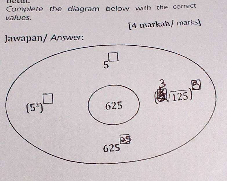 betul.
Complete the diagram below with the correct
values.
[4 markah/ marks]
Jawapan/ Answer: