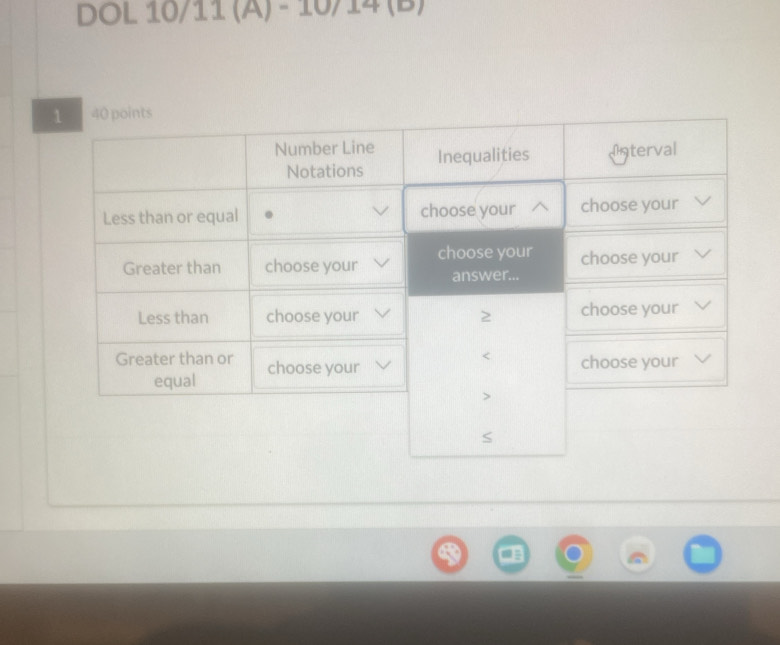 DOL 10/11 (A) - 10/14 (B)
S