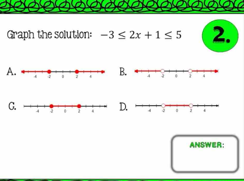 Graph the solution: -3≤ 2x+1≤ 5 2. 
B 
A 
D 
G 
ANSWER: