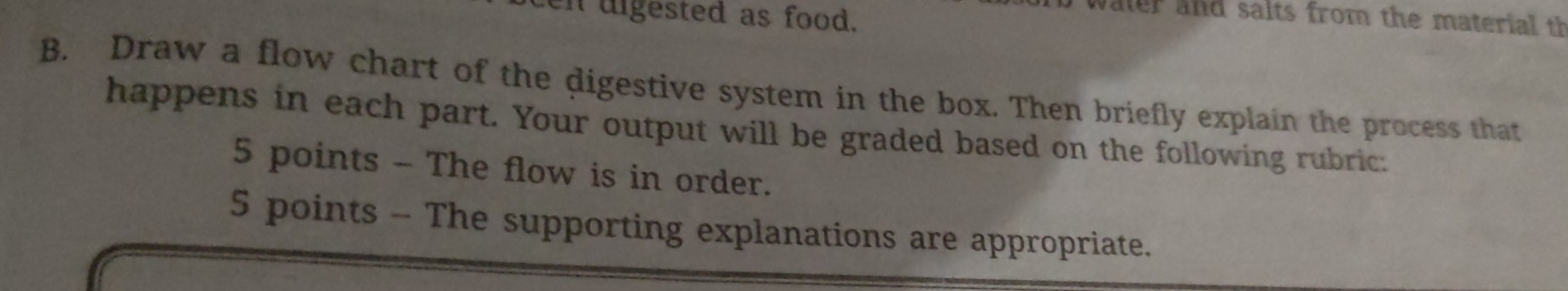 en uigested as food. 
water and salts from the material th 
B. Draw a flow chart of the digestive system in the box. Then briefly explain the process that 
happens in each part. Your output will be graded based on the following rubric: 
5 points - The flow is in order. 
5 points - The supporting explanations are appropriate.