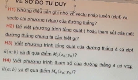 Về Số đó tư duy 
H1) Những điều cản ghi nhớ về vecto pháp tuyên (vtpt) và 
vecto chỉ phương (vtcp) của đường thắng? 
H2) Để viết phương trình tổng quát ( hoặc tham số) của một 
đường thẳng chúng ta cần biết gi? 
H3) Viết phương trình tổng quát của đường thẳng Δ có vtpt
vector n(a;b) và đị qua điểm M_0(x_0;y_0) ? 
H4) Viết phương trinh tham số của đường thẳng △ có vtcp
vector u(a;b) và đi qua điểm M_0(x_0;y_0) ?