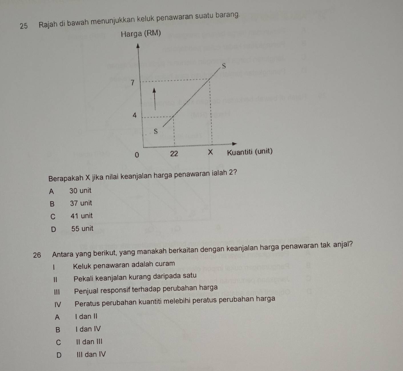 Rajah di bawah menunjukkan keluk penawaran suatu barang.
Harga (RM)
Berapakah X jika nilai keanjalan harga penawaran ialah 2?
A 30 unit
B 37 unit
C 41 unit
D 55 unit
26 Antara yang berikut, yang manakah berkaitan dengan keanjalan harga penawaran tak anjal?
Keluk penawaran adalah curam
II Pekali keanjalan kurang daripada satu
III Penjual responsif terhadap perubahan harga
IV Peratus perubahan kuantiti melebihi peratus perubahan harga
A I dan II
B I dan IV
C II dan III
D III dan IV