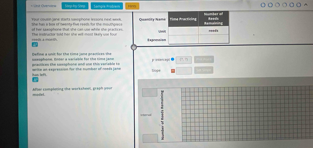 < Unit Overview Step-by-Step Sample Problem Hints 
Number of 
Your cousin Jane starts saxophone lessons next week. Quantity Name Time Practicing Reeds 
She has a box of twenty-five reeds for the mouthpiece Remaining 
of her saxophone that she can use while she practices. reeds 
The instructor told her she will most likely use four Unit 
reeds  a month. Expression 
a 
Define a unit for the time Jane practices the 
saxophone. Enter a variable for the time Jane y-intercept (?,?) Plot Paint 
practices the saxophone and use this variable to 
write an expression for the number of reeds Jane Slope Set Slope 
has left. 
a 
After completing the worksheet, graph your 
model. 
Interval
