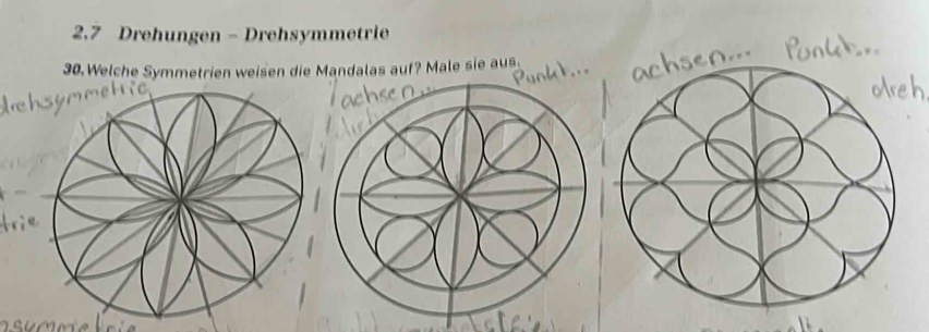 2,7 Drehungen - Drehsymmetrie 
30.Welche Symmetrien weisen die Mandalas auf? Male sie aus.