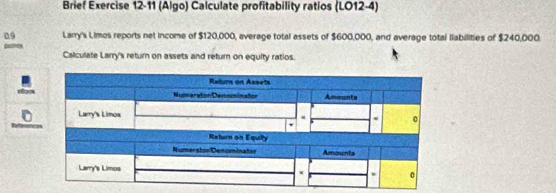 Brief Exercise 12-11 (Algo) Calculate profitability ratios (LO12-4) 
09 Larry's Limos reports net income of $120,000, average total assets of $600,000, and average total liabilities of $240,000. 
Calculate Larry's return on assets and return on equity ratios. 
U